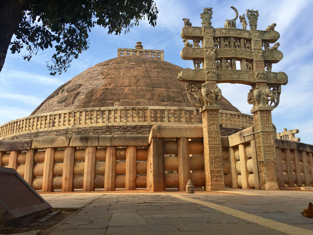 The Great Stupa at Sanchi in Madhya Pradesh, a World Heritage Site, is one of the oldest stone structures in India, having been commissioned by emperor Ashoka in the 3rd century B.C.E.