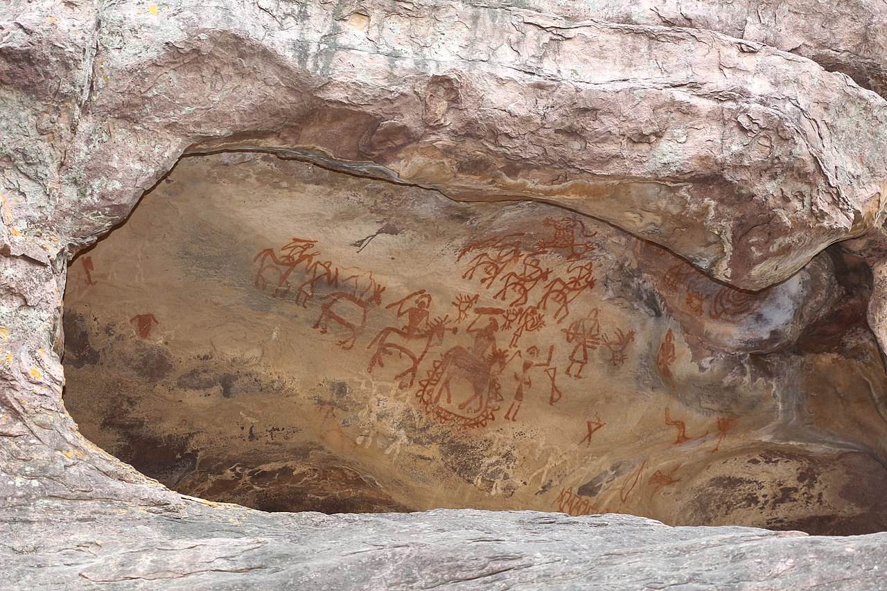Ancient cave paintings in one of the Bhimbetka rock shelters, collectively a World Heritage Site in Madhya Pradesh, India.